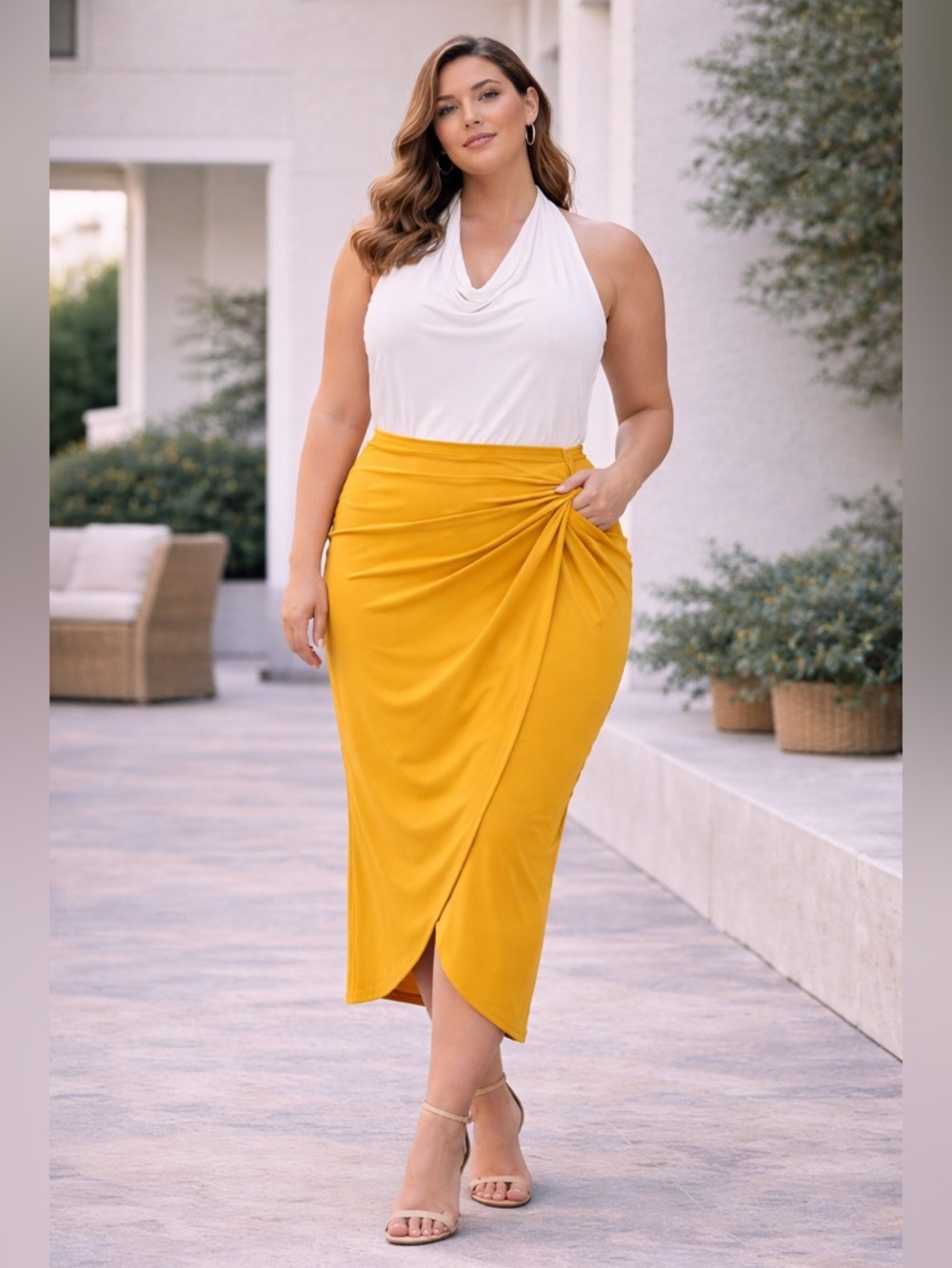 🔥Mustard Yellow Wrap Midi Skirt High Waist Vacation Chic
